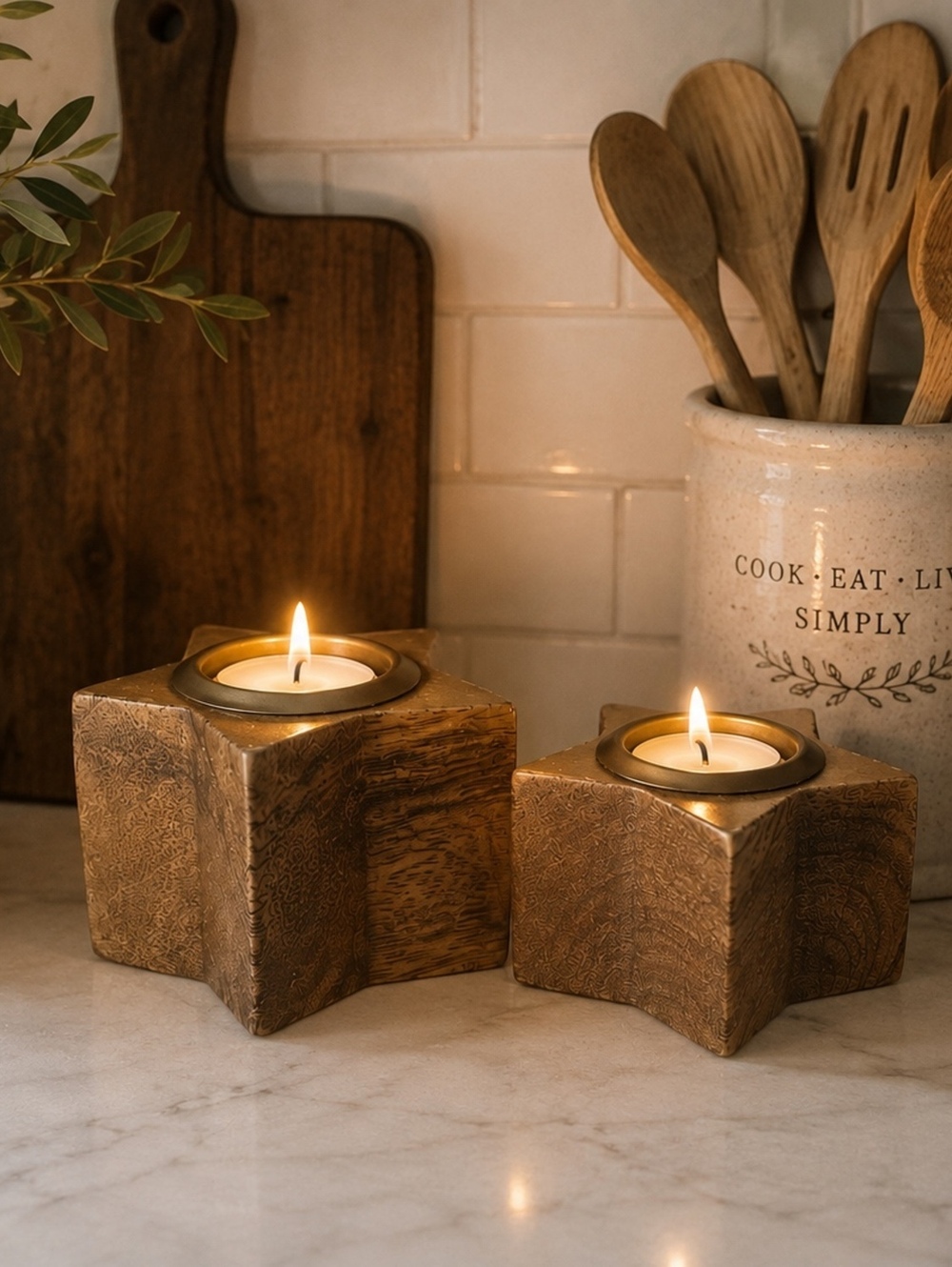 Hallmark Wood Star Tea Light Candle Holders Set of 2 Gold Tone
